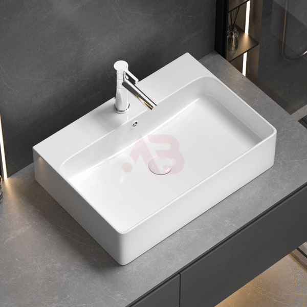 600X420mm ceramic square washbasin on bathroom countertop