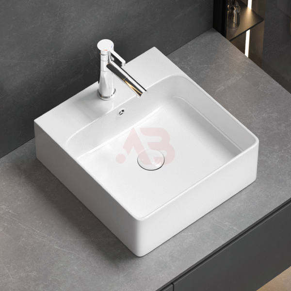 400X420mm ceramic square washbasin on bathroom countertop