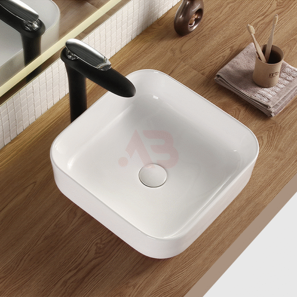 390×390 mm square ceramic washbasin with rounded corners
