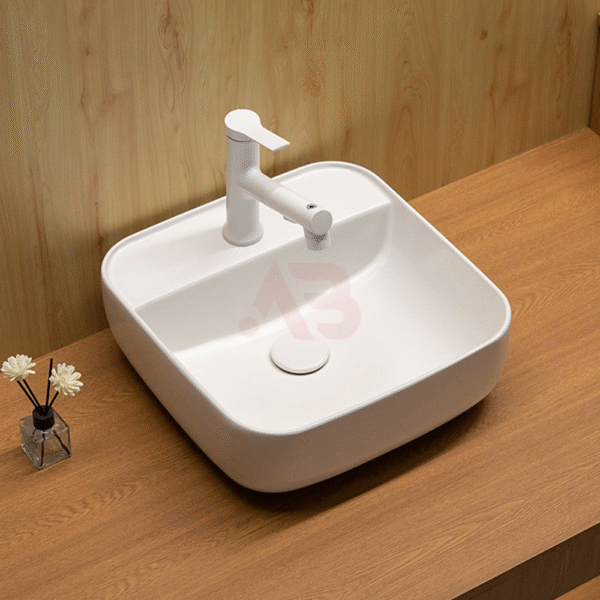390×390 mm square ceramic washbasin with rounded corners